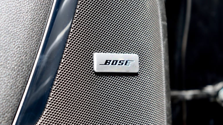 Bose speaker badge on a vehicle door panel with mesh fabric texture